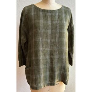 Eileen Fisher Green White Plaid 100% Organic Linen Shirt Top Petite Large PL EUC